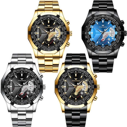 yunanwa 4 Pack Mens Stainless Steel Watches Waterproof Date Luminous Big Face Gold Silver Black Blue Business Dress Sports Luxury Casual Analog Quartz Wrist Watches Set Assorts Wholesales (Black) - valtroxx.com
